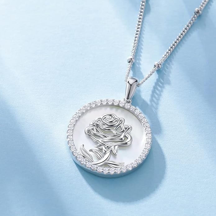 AGVANA Valentines Day Gifts Sterling Silver Birth Flower Necklace for Women Genuine Mother of Pearl CZ Round Disc Pendant Necklace Fine Jewelry Anniversary Birthday Gifts for Women Wife Mom Her