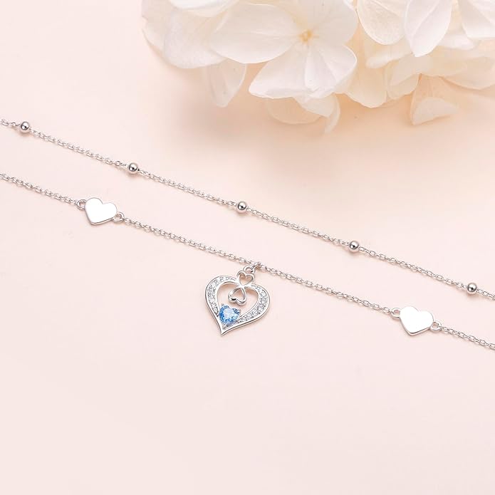 925 Sterling Silver Ankle Bracelet for Women Heart Multilayer Anklets Dainty Beaded Chain Adjustable 9+1 Inches for Summer Cute Beach Foot Jewelry