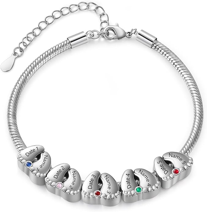 Jeweidea Personalized Foot Charm Birthstone Bracelet – Custom Engraved Bracelet with 1–5 Foot Charms, Name and Date Engraving, Meaningful Jewelry Gift for Mom Wife
