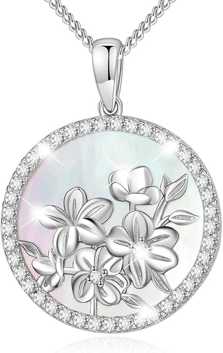 AGVANA Valentines Day Gifts Sterling Silver Birth Flower Necklace for Women Genuine Mother of Pearl CZ Round Disc Pendant Necklace Fine Jewelry Anniversary Birthday Gifts for Women Wife Mom Her