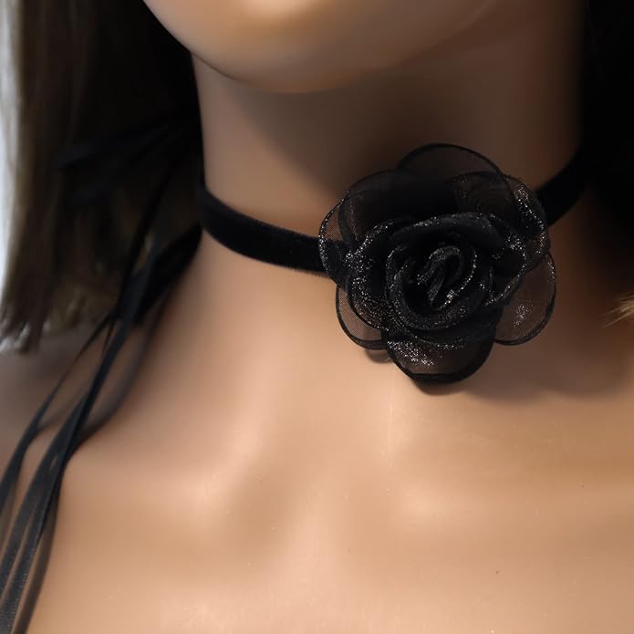 Black Choker Camellia Flower Lace-up Necklace For Women