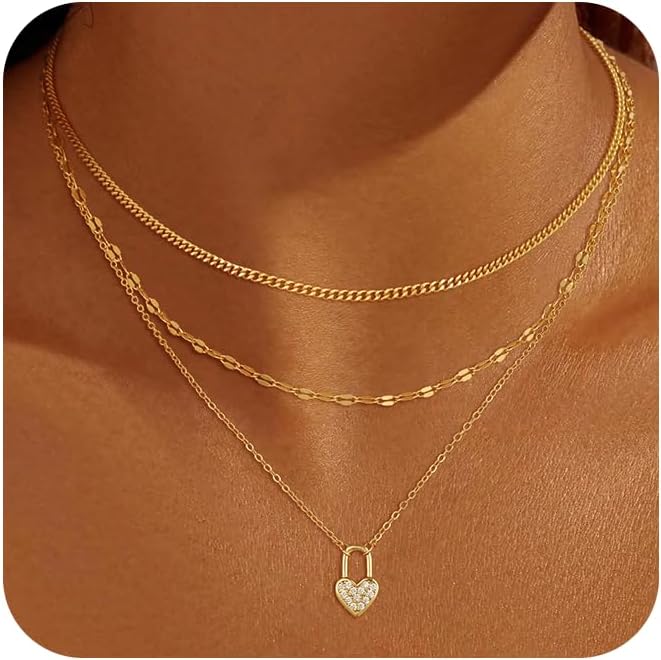 Gold Necklace for Women 14K Gold Plated Layered Necklaces Dainty Pendant Necklace Cute Stack Necklaces Set Fashion Jewelry Gift for Her