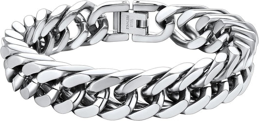 ChainsHouse Stainless Steel Cuban Link Bracelet, 8mm/12mm/17mm Width, 7.5"/8.3"/9", 18K Gold Plated Chain Wrist Bracelets for Men Women, Send Gift Box