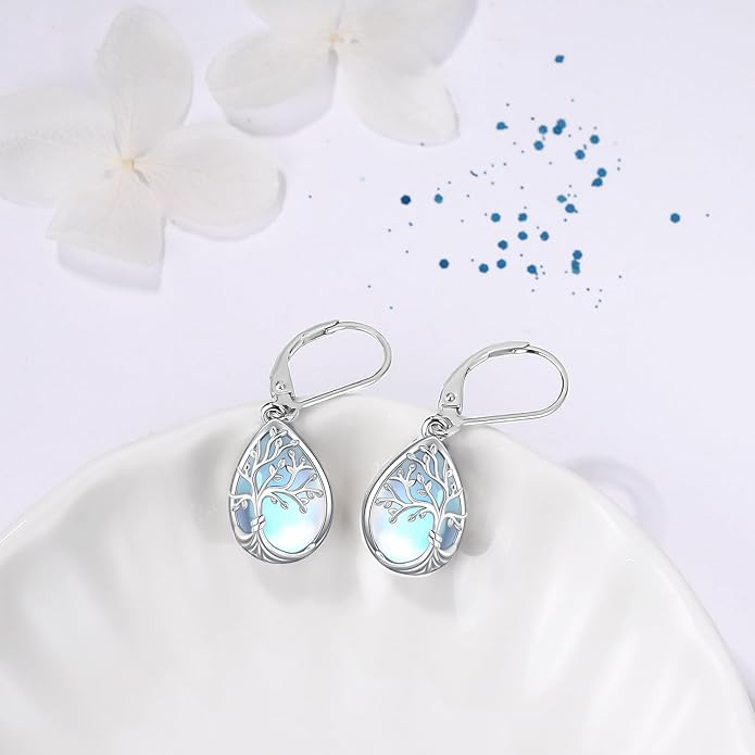 Tree of life Dangle Earrings Sterling Silver Moonstone/Turquoise/Malachite Earrings for Women Filigree Leverback Earrings Jewelry Gifts