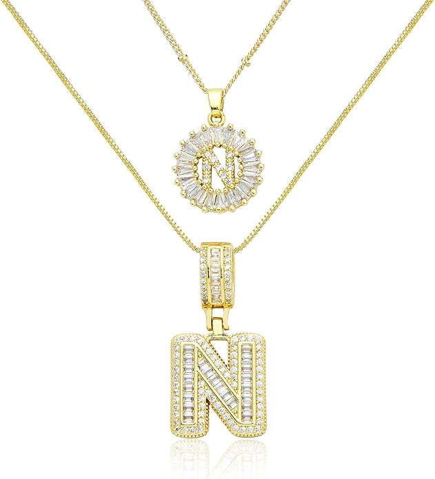 14K Gold Plated Initial Letter Pendant Necklace, Cubic Zirconia Crystal, Copper Chain