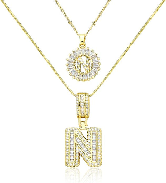 14K Gold Plated Initial Letter Pendant Necklace, Cubic Zirconia Crystal, Copper Chain