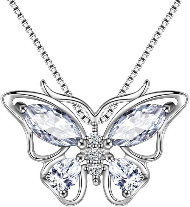 Aurora Tears Butterfly Birthstone Pendant Necklace - Women 925 Sterling Silver Butterflies Birthstone Pendant Necklace Jewelry Birthday Gift for Women