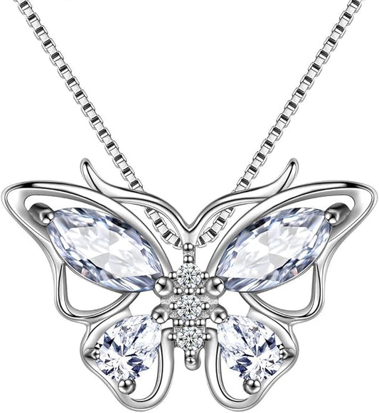 Aurora Tears Butterfly Birthstone Pendant Necklace - Women 925 Sterling Silver Butterflies Birthstone Pendant Necklace Jewelry Birthday Gift for Women