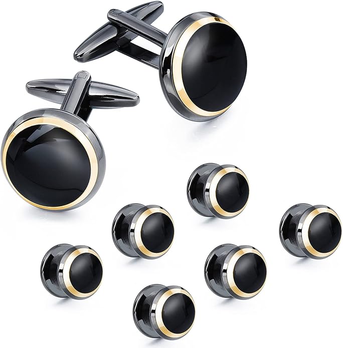 HAWSON Cufflinks and Studs for Men-Fashion Men Vintage Enamel Carbon Fiber Tuxedo Shirt Cufflinks and Studs Set for Regular Wedding Business Accessories