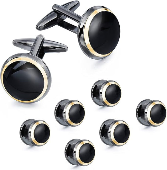 HAWSON Cufflinks and Studs for Men-Fashion Men Vintage Enamel Carbon Fiber Tuxedo Shirt Cufflinks and Studs Set for Regular Wedding Business Accessories