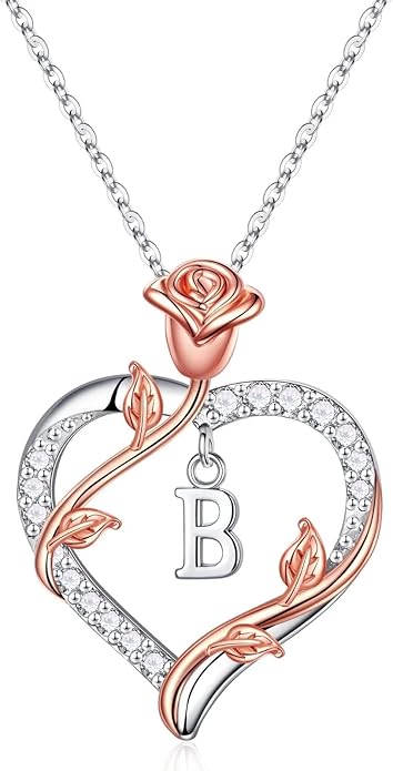 Rose Heart Initial Necklace Gifts for Women Girls, Letter Pendant Necklaces for Women Jewelry Anniversary Birthday Gifts for Her Wife Girlfriend Teen Girls