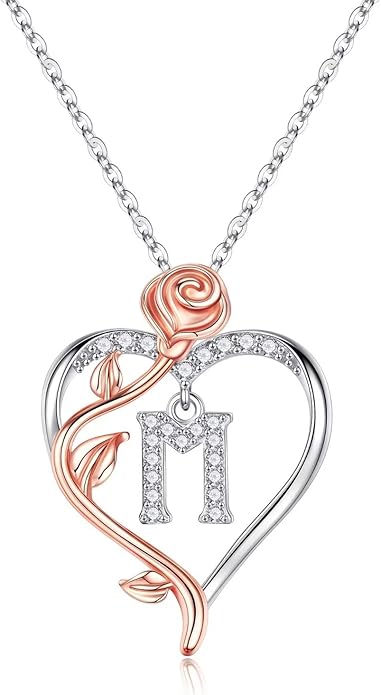 Yesteel Rose Heart Initial Necklaces Gifts for Women Teen Girls, Rose Love Heart Letter Pendant Necklace Jewelry Mothers Day Valentines Anniversary Birthday Gifts for Her Women Wife Girlfriend