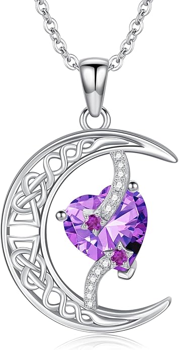 TOUPOP Moon and Star Birthstone Necklace for Women 925 Sterling Silver Celtic Moon Jewelry Birthday Christmas Gifts for Her Girlfriend