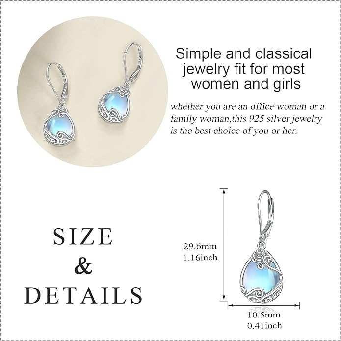 Moonstone Filigree Drop Dangle Teardrop Earrings 925 Sterling Silver Moonstone Leverback Earrings for Women Jewelry Gifts