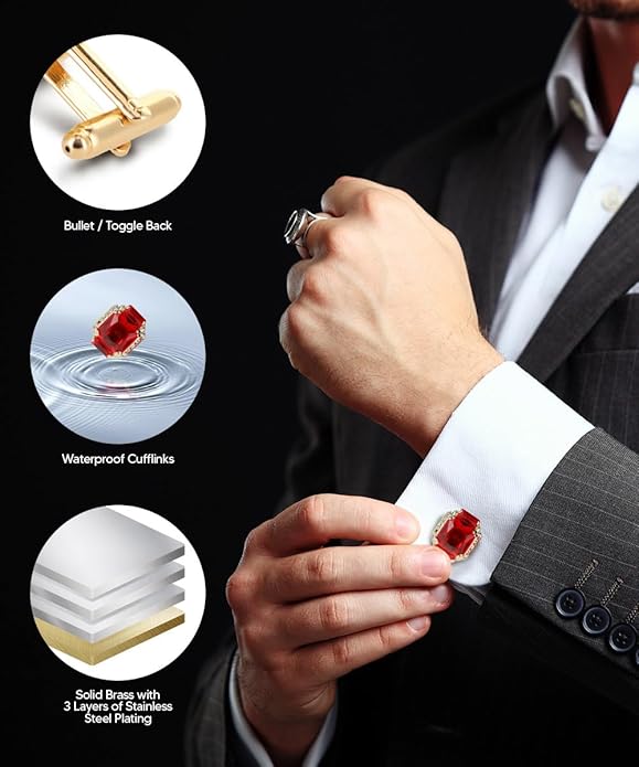 Rectangular Colored Diamond-Flanked Crystal Cuff Links – Tuxedo Suit Accessories, Cufflinks for Men