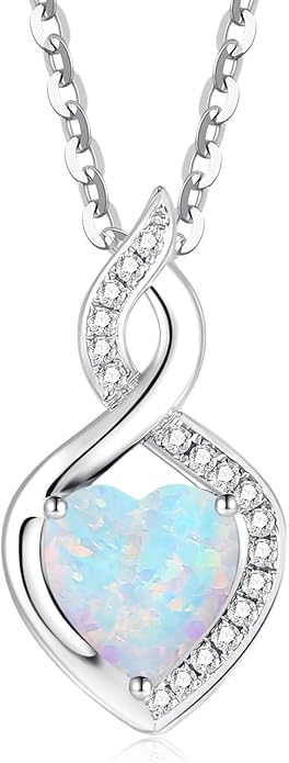 FANCIME 14K Solid White Gold Heart Birthstone Necklace with Diamond Pendent Birthday Gifts for Mom Women, Sterling Silver Chain 16" + 2" Extender