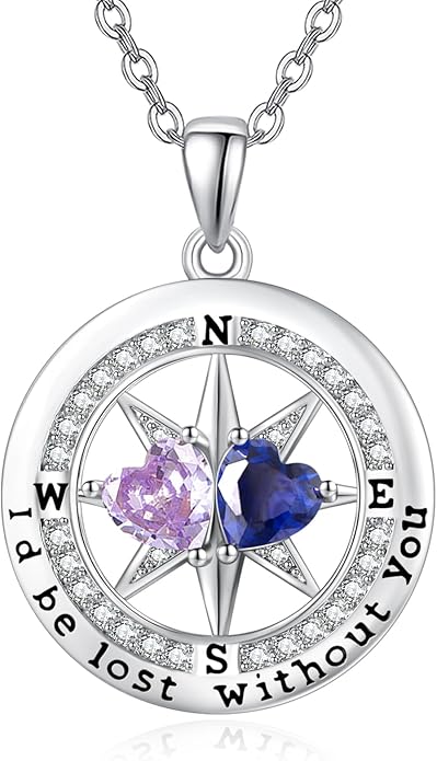 Compass Birthstones Necklace for Women, Exquisite Anniversary Birthday Gifts for Wife Her Double Birthstone Pendant jewelry ‘I'd be Lost Without You’