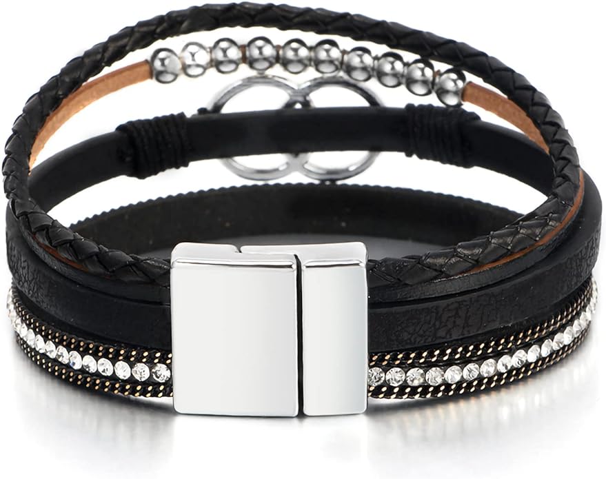 Fesciory Leopard Bracelet for Women, Boho Leather Wrap Multi-Layer Pearl Crystal Bracelet Bangle Jewelry