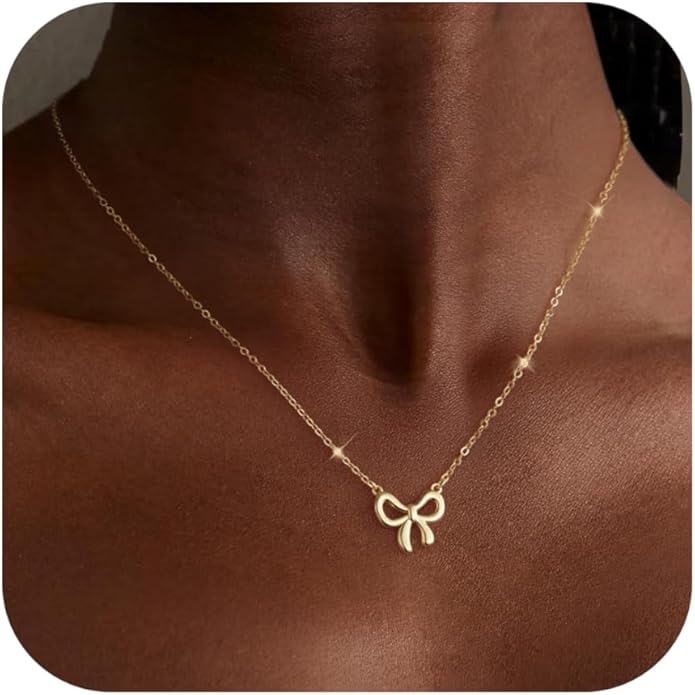 Gold Necklace for Women Dainty Bow Necklace 14K Gold Plated Cute Choker Necklace Small Bow Pendant Charm Necklaces Teen Gift Trendy Stuff Personalized Jewelry Gifts