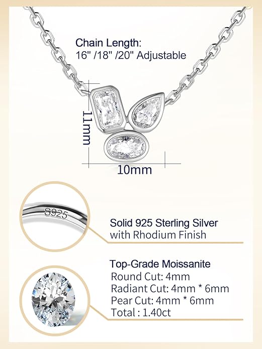 CYW Moissanite/Ruby/Sapphire/Emerald Dainty Pendant Necklace for Women, Novelty Design, Really Authentic Solid 925 Sterling Silver, 16"/18"/20" Adjustable, Birthday Anniversary Valentines Gift