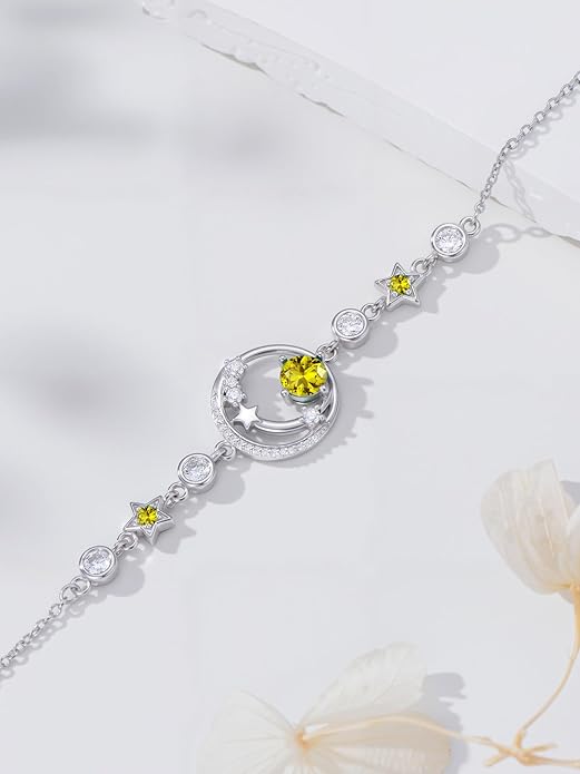 Moon and Star Birthstone Charm Link Bracelet 925 Sterling Silver Moon and Star Bracelet with 12 Months Birthstone Birthday Jewelry Gifts for Women Mom Her,Chain Length 7"+2" Extend