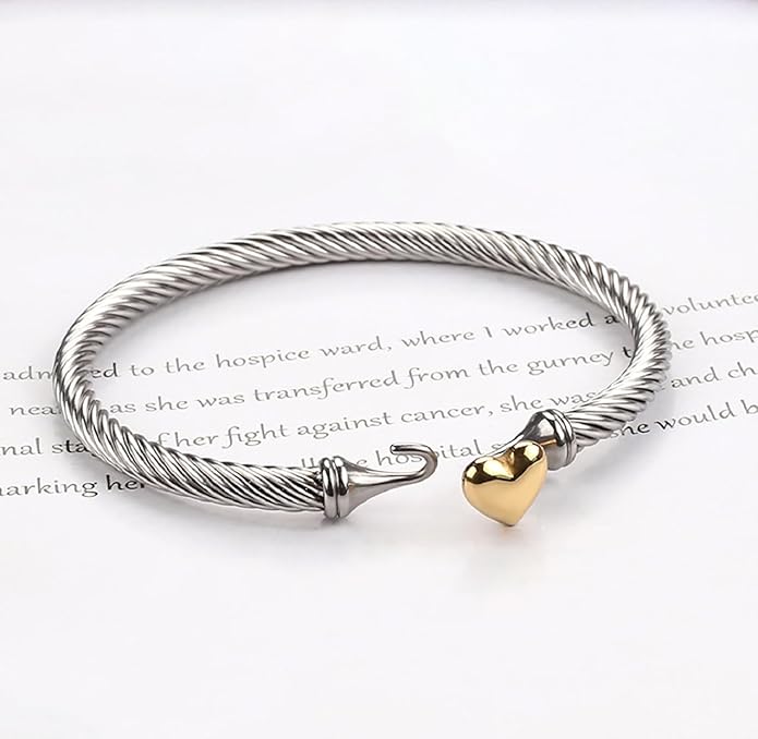 Adjustable Twist Stainless Steel Cable Wire 14K Gold Plated Love Heart Charm Bracelets Friendship Open Bangle Wrist Cuff for Women Men