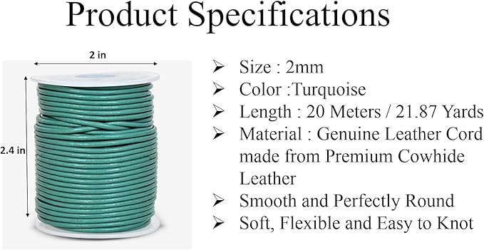 GENIQUE Real/Genuine Round Leather String Cord for Necklace, Bracelets, Jewelry, Kumihimo Braiding, DIY Projects (20 Metres) (2mm, Turquoise)