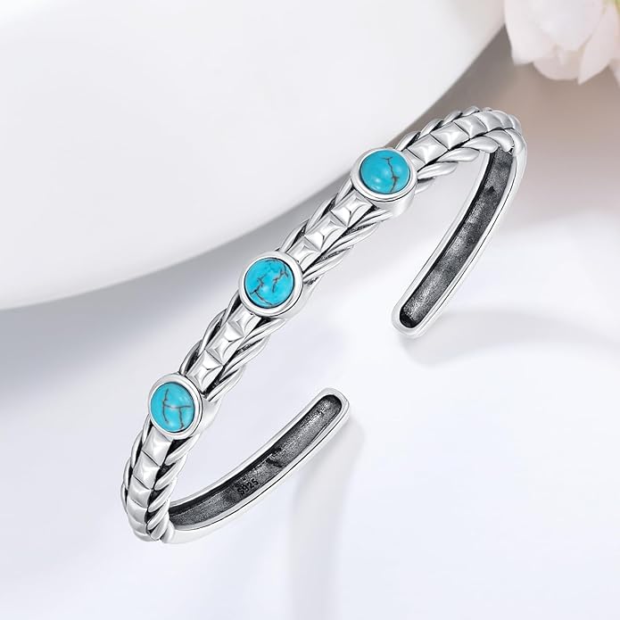 Genuine Turquoise Bracelet Bangle, Sterling Silver 3 Gemstone Native American Western Jewelry for Women, Fit for 6.5 7 7.5 Inches