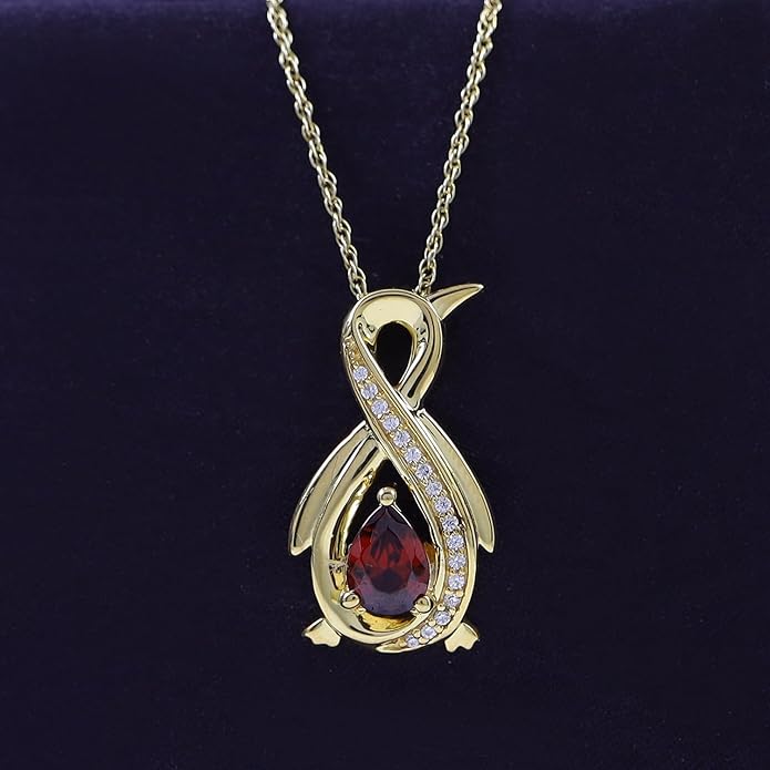 Infinity Penguin Pendant Necklace for Women, 14K Gold Over Sterling Silver with Pear & Round Cut Simulated Birthstone & White Diamond Accents, Dainty Animal Jewelry Gift with 18" Chain