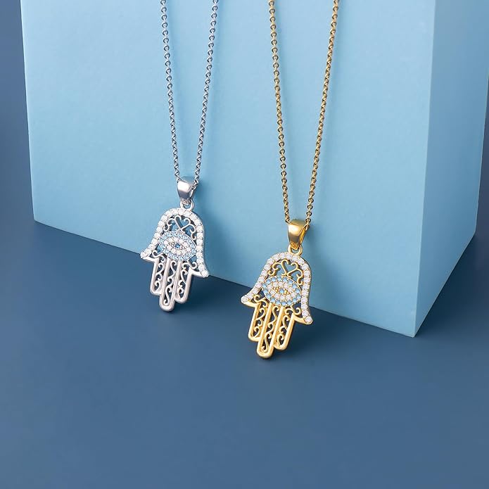 White Gold 14K Gold Plated Necklaces for Women Evil Eye Necklace for Women Girls Evil Eye Hamsa Hand of Fatima Pendant Necklace Good Luck Necklace Jewelry