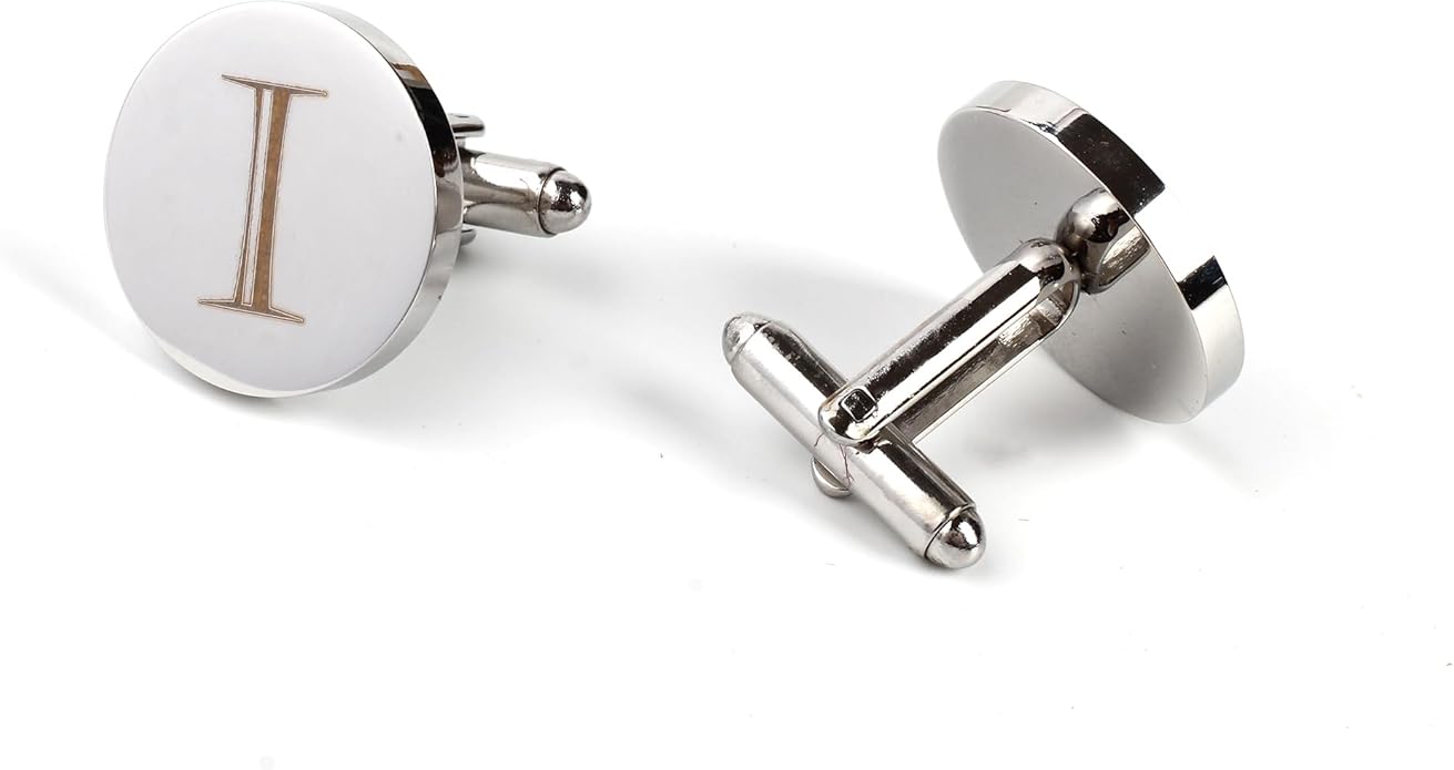 Mens Initial Silver Cufflinks A-Z Alphabet Letter Steel Cuff Links with Engraved Walnut Wood Box Groom Groomsman Wedding Set…
