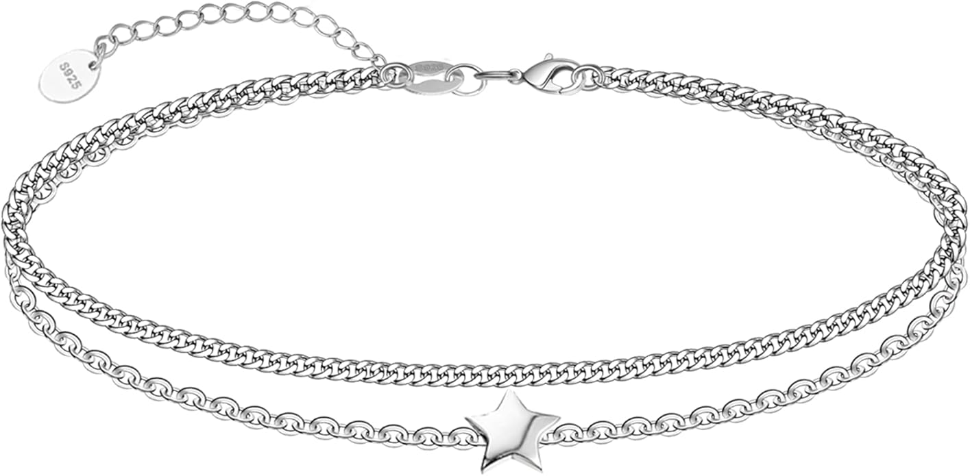 CHIC & ARTSY 925 Sterling Silver Ankle Bracelet Multilayer Anklets for Women Satellite, Star, Cross, Circle, Butterfly, Teardrop, Oval Disk Layered Anklet Beach Jewelry