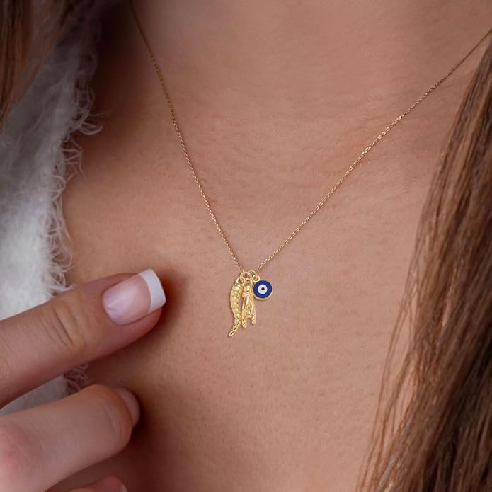 Dainty Blue Evil Eye Charm Horn Pendant Necklace for Women's Spiritual Protection Jewelry 14K Gold Plated