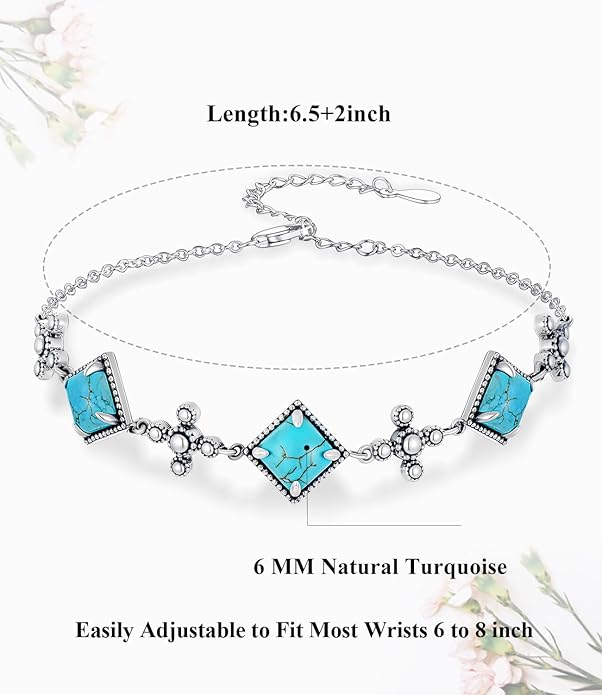 Genuine Square Turquoise Bracelets for Women 925 Sterling Silver Adjustable Real Gemstone Southwest Boho Cross Jewelry for Her 6 to 8 Inch