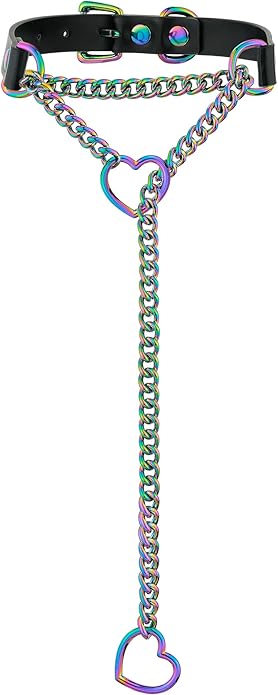 Handmade Black Heart Choker Collar For Women, Punk Gothic O-ring Slip Chain Necklace with Adjustable Vegan Leather Buckle