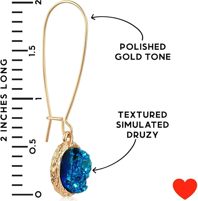 Simulated Druzy Threader Drop Earrings for Women - Gold, Silver, or Rose Gold Tone Trendy Boho Dangles with Sparkly Round Stone