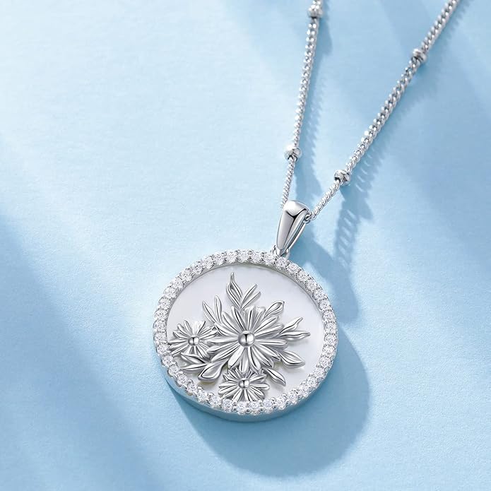 AGVANA Valentines Day Gifts Sterling Silver Birth Flower Necklace for Women Genuine Mother of Pearl CZ Round Disc Pendant Necklace Fine Jewelry Anniversary Birthday Gifts for Women Wife Mom Her