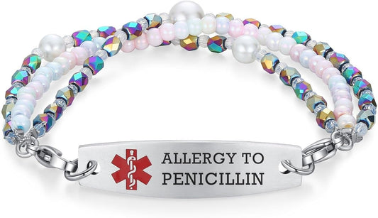 mnmoom 7.5 inch interchangeable Medical id bracelets for Women beads Medical alert bracelets with customize engraving