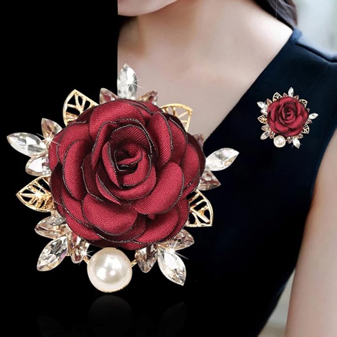 Elegant Rose Flower Brooch Pin for Women Men Wedding Party Gentleman's Essentials Handmade Imitation Crystal Pearl Fabric Flower Lapel Pin Dress Suit Accessories Boutonniere Ideas Gift