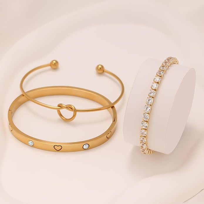 FAFUGA 18 K Gold Plated Love Bangle Bracelet Stack Cuff Jewelry for Women Jewelry Set for Women Gift with Box