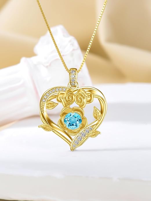 Midari 18K Gold Heart Birthstone Necklace for Women Rose Pendant Birthday Jewelry Gifts for Wife Her Daughter Mom