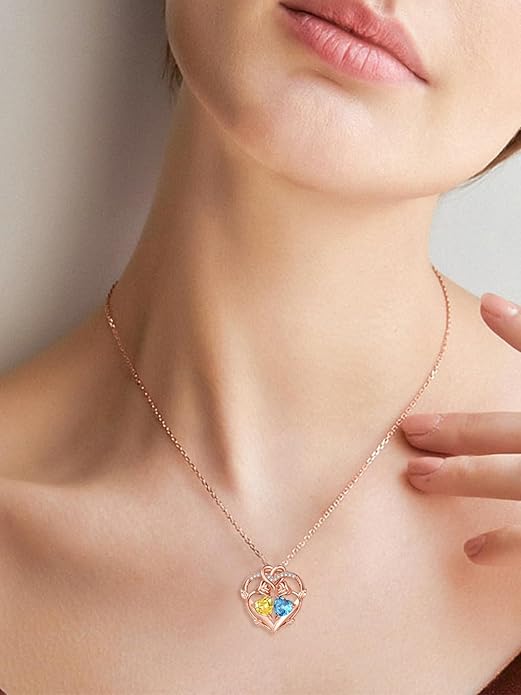 Rose Gold Necklaces for Women Double Birthstone Rose Flower Heart Pendant Necklace Jewelry Anniversary Christmas Valentine's Mother's Day Birthday Gift for Wife Mom Her Girlfriend Sister