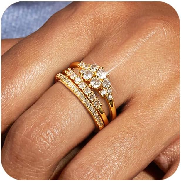 Stackable Gold Rings for Women Non Tarnish Dainty 14K Gold Plated 3PCS Cubic Zirconia Thumb Ring Set Trendy Statement Promise Wedding Bands Engagement Rings Size 6 7 8 9 10