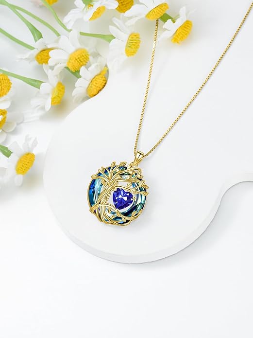 TOUPOP Christmas Gifts Tree of Life Birthstone Necklace 925 Sterling Silver Pendant Austrian Crystal Jewelry Anniversary Birthday Gifts for Women Mom Her Wife