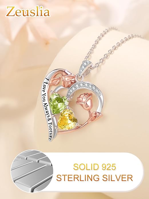 Zeuslia Double Birthstone Necklace Gifts for Wife - 925 Sterling Silver Sunflower/Rose/Crown Cross/Compass/Heart Pendant I Love You Necklace, Anniversary Birthday Gifts for Wife Girlfriend Mom Her