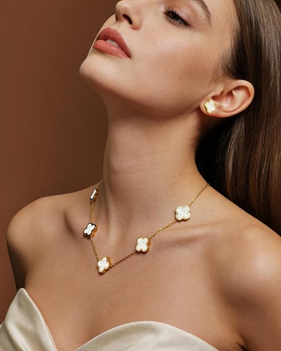 Aimétte Monette 18K Gold Plated Jewelry Set Clover Necklace Stud Earrings for Women Hypoallergenic Lucky Clover Pendant Necklace Gold Bracelets for Women Gifts