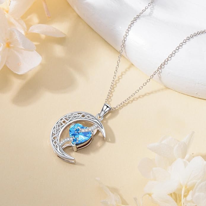TOUPOP Moon and Star Birthstone Necklace for Women 925 Sterling Silver Celtic Moon Jewelry Birthday Christmas Gifts for Her Girlfriend