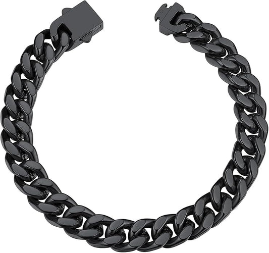 ChainsHouse Stainless Steel Cuban Link Bracelet for Men, 5mm/7mm/9mm/12mm Width, 7.5"/8.3"/9" Length, Black/18K Gold Plated Chain Wrist Bracelets for Men, with Gift Box