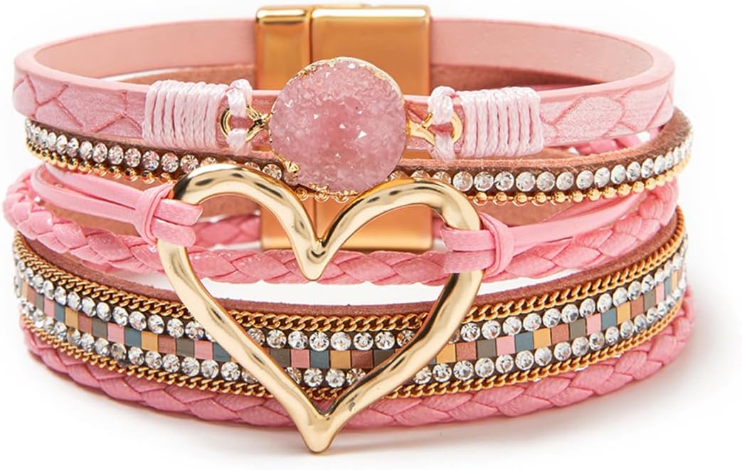 Rantanto Braid Leather Wrap Bracelet Trendy Stackable Crystal Cuff Boho Gold Heart Bracelet Jewelry Gift For Women