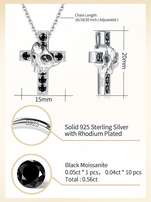 CYW Moissanite Skull Cross/Spider/Raven Necklace for Men Women, Intriguing Design, Really Authentic Solid 925 Sterling Silver with Rhodium Finish, 16"/18"/20" Adjustable, Halloween Jewelry